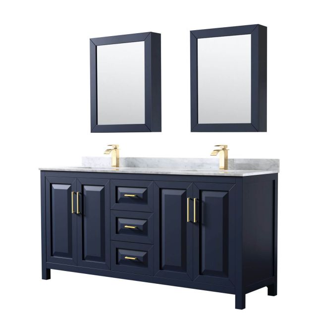 Wyndham Collection Daria 72 Inch Double Bath Vanity in Dark Blue with White Carrara Marble Countertop, Undermount Square Sinks and Medicine Cabinets - WCV252572DBLCMUNSMED
