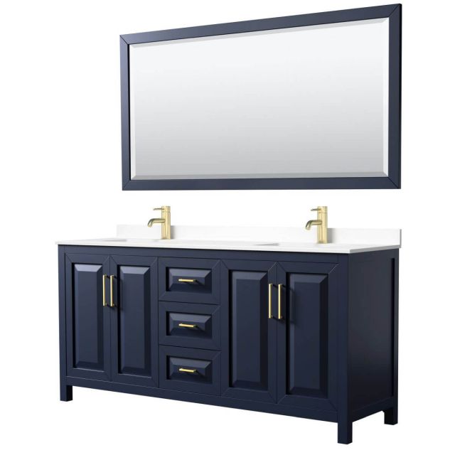 Wyndham Collection Daria 72 inch Double Bathroom Vanity in Dark Blue with White Cultured Marble Countertop, Undermount Square Sinks and 70 inch Mirror - WCV252572DBLWCUNSM70