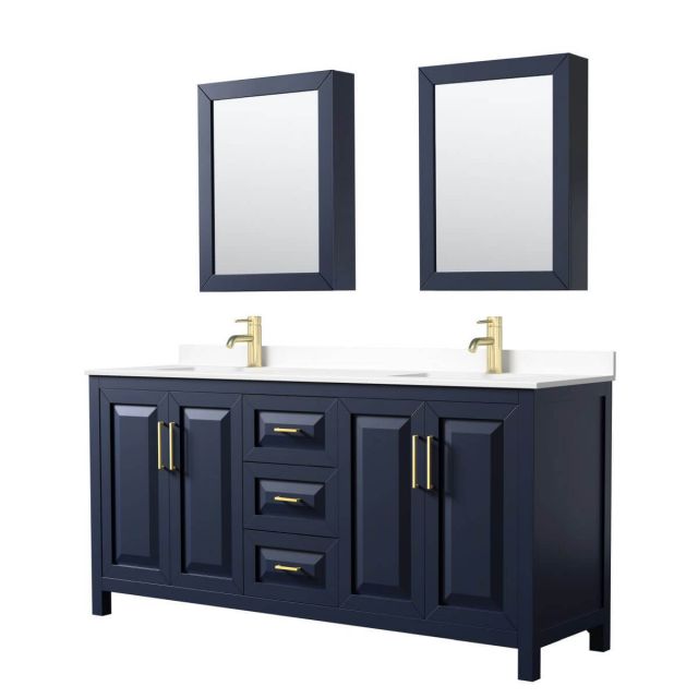 Wyndham Collection Daria 72 inch Double Bathroom Vanity in Dark Blue with White Cultured Marble Countertop, Undermount Square Sinks and Medicine Cabinets - WCV252572DBLWCUNSMED