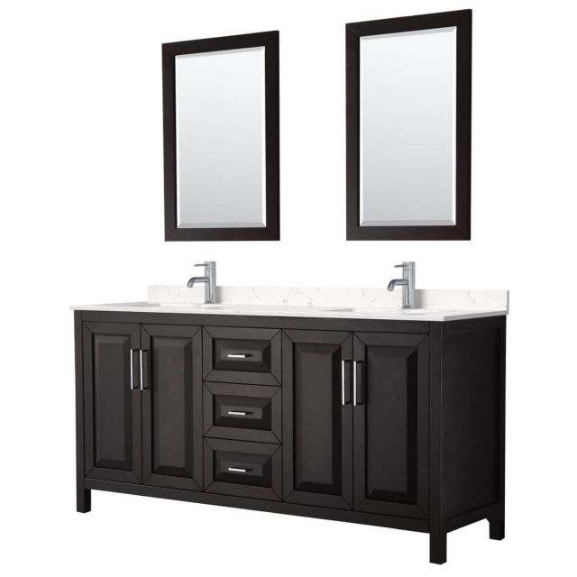 Wyndham Collection Daria 72 inch Double Bathroom Vanity in Dark Espresso with Light-Vein Carrara Cultured Marble Countertop, Undermount Square Sinks and 24 inch Mirrors - WCV252572DDEC2UNSM24