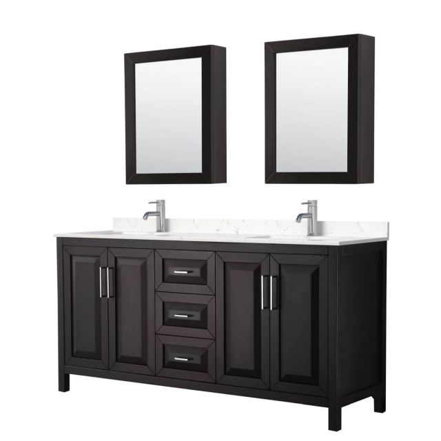 Wyndham Collection Daria 72 inch Double Bathroom Vanity in Dark Espresso with Light-Vein Carrara Cultured Marble Countertop, Undermount Square Sinks and Medicine Cabinets - WCV252572DDEC2UNSMED