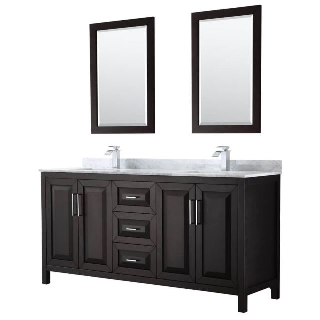 Wyndham Collection Daria 72 inch Double Bath Vanity in Dark Espresso, White Carrara Marble Countertop, Undermount Square Sinks, and 24 inch Mirrors - WCV252572DDECMUNSM24