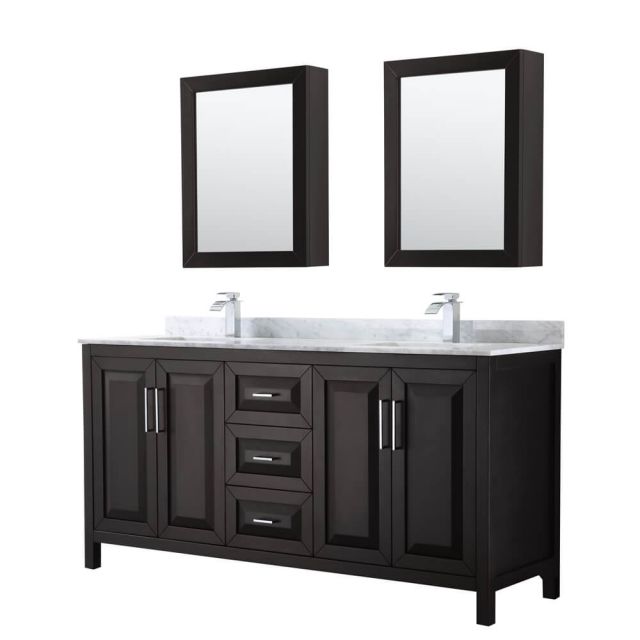 Wyndham Collection Daria 72 inch Double Bath Vanity in Dark Espresso, White Carrara Marble Countertop, Undermount Square Sinks, and Medicine Cabinets - WCV252572DDECMUNSMED