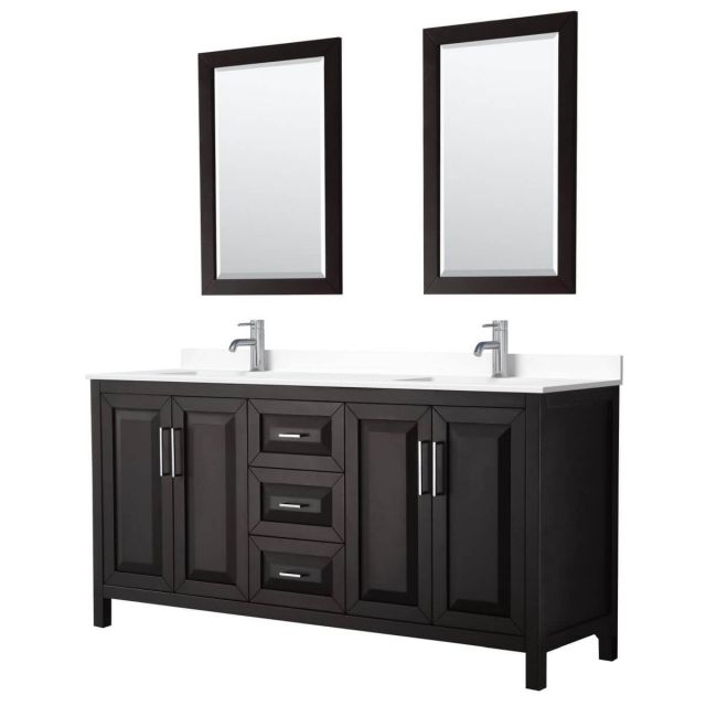 Wyndham Collection Daria 72 inch Double Bathroom Vanity in Dark Espresso with White Cultured Marble Countertop, Undermount Square Sinks and 24 inch Mirrors - WCV252572DDEWCUNSM24
