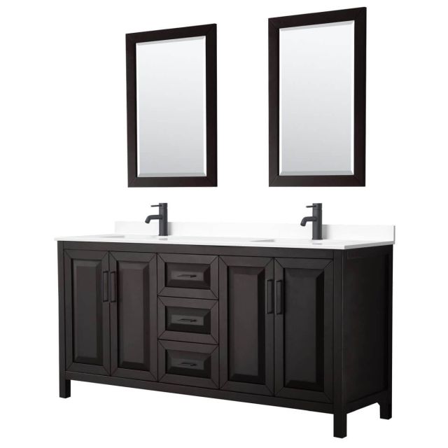 Wyndham Collection Daria 72 inch Double Bathroom Vanity in Dark Espresso with White Cultured Marble Countertop, Undermount Square Sinks, Matte Black Trim and 24 Inch Mirrors WCV252572DEBWCUNSM24