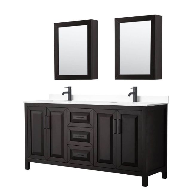 Wyndham Collection Daria 72 inch Double Bathroom Vanity in Dark Espresso with White Cultured Marble Countertop, Undermount Square Sinks, Matte Black Trim and Medicine Cabinets WCV252572DEBWCUNSMED