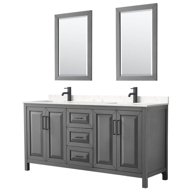 Wyndham Collection Daria 72 inch Double Bathroom Vanity in Dark Gray with Light-Vein Carrara Cultured Marble Countertop, Undermount Square Sinks, Matte Black Trim and 24 Inch Mirrors WCV252572DGBC2UNSM24