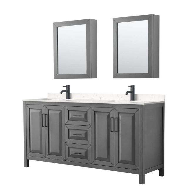 Wyndham Collection Daria 72 inch Double Bathroom Vanity in Dark Gray with Light-Vein Carrara Cultured Marble Countertop, Undermount Square Sinks, Matte Black Trim and Medicine Cabinets WCV252572DGBC2UNSMED