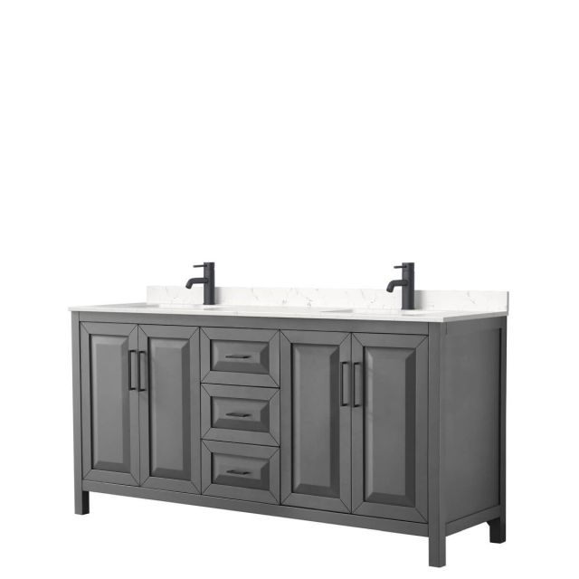 Wyndham Collection Daria 72 inch Double Bathroom Vanity in Dark Gray with Light-Vein Carrara Cultured Marble Countertop, Undermount Square Sinks and Matte Black Trim WCV252572DGBC2UNSMXX
