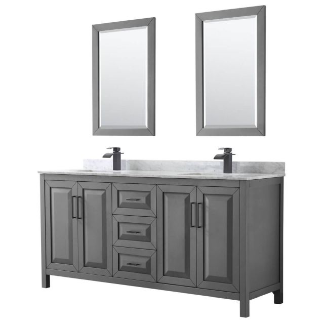 Wyndham Collection Daria 72 inch Double Bathroom Vanity in Dark Gray with White Carrara Marble Countertop, Undermount Square Sinks, Matte Black Trim and 24 Inch Mirrors WCV252572DGBCMUNSM24