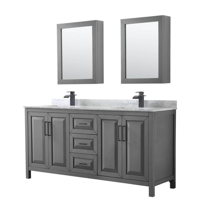 Wyndham Collection Daria 72 inch Double Bathroom Vanity in Dark Gray with White Carrara Marble Countertop, Undermount Square Sinks, Matte Black Trim and Medicine Cabinets WCV252572DGBCMUNSMED