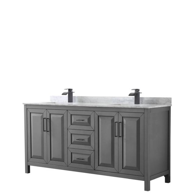 Wyndham Collection Daria 72 inch Double Bathroom Vanity in Dark Gray with White Carrara Marble Countertop, Undermount Square Sinks and Matte Black Trim WCV252572DGBCMUNSMXX