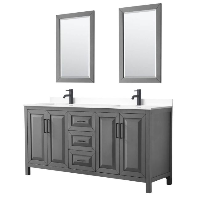 Wyndham Collection Daria 72 inch Double Bathroom Vanity in Dark Gray with White Cultured Marble Countertop, Undermount Square Sinks, Matte Black Trim and 24 Inch Mirrors WCV252572DGBWCUNSM24
