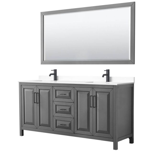 Wyndham Collection Daria 72 inch Double Bathroom Vanity in Dark Gray with White Cultured Marble Countertop, Undermount Square Sinks, Matte Black Trim and 70 Inch Mirror WCV252572DGBWCUNSM70