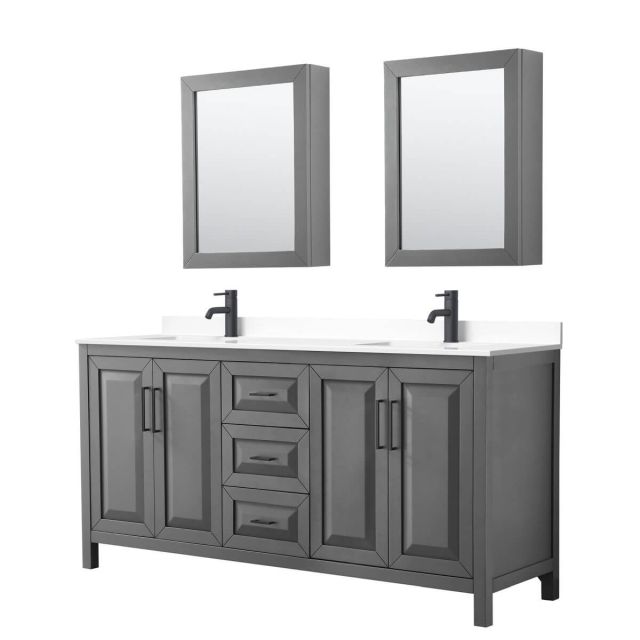 Wyndham Collection Daria 72 inch Double Bathroom Vanity in Dark Gray with White Cultured Marble Countertop, Undermount Square Sinks, Matte Black Trim and Medicine Cabinets WCV252572DGBWCUNSMED