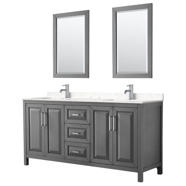 Wyndham Collection Daria 72 inch Double Bathroom Vanity in Dark Gray with Light-Vein Carrara Cultured Marble Countertop, Undermount Square Sinks and 24 inch Mirrors - WCV252572DKGC2UNSM24