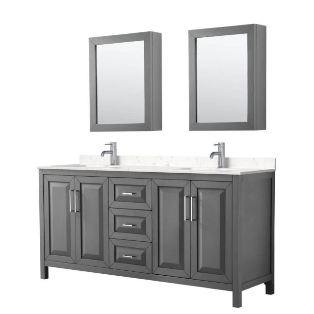 Wyndham Collection Daria 72 inch Double Bathroom Vanity in Dark Gray with Light-Vein Carrara Cultured Marble Countertop, Undermount Square Sinks and Medicine Cabinets - WCV252572DKGC2UNSMED