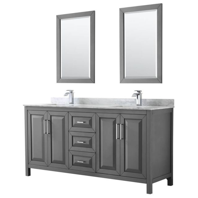 Wyndham Collection Daria 72 inch Double Bath Vanity in Dark Gray, White Carrara Marble Countertop, Undermount Square Sinks, and 24 inch Mirrors - WCV252572DKGCMUNSM24