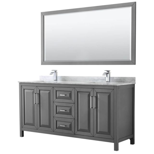 Wyndham Collection Daria 72 inch Double Bath Vanity in Dark Gray, White Carrara Marble Countertop, Undermount Square Sinks, and 70 inch Mirror - WCV252572DKGCMUNSM70