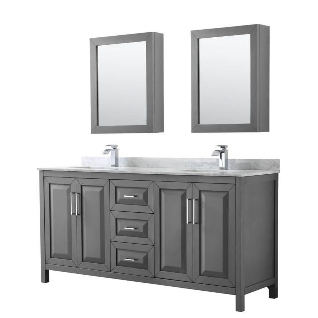 Wyndham Collection Daria 72 inch Double Bath Vanity in Dark Gray, White Carrara Marble Countertop, Undermount Square Sinks, and Medicine Cabinets - WCV252572DKGCMUNSMED