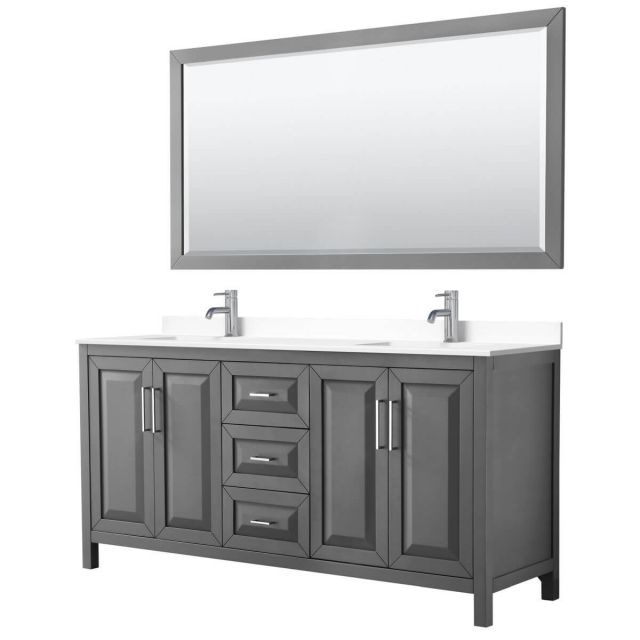 Wyndham Collection Daria 72 inch Double Bathroom Vanity in Dark Gray with White Cultured Marble Countertop, Undermount Square Sinks and 70 inch Mirror - WCV252572DKGWCUNSM70