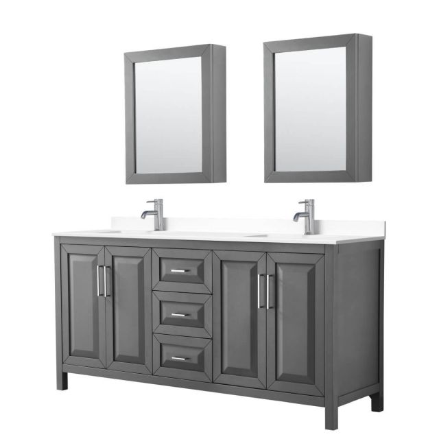 Wyndham Collection Daria 72 inch Double Bathroom Vanity in Dark Gray with White Cultured Marble Countertop, Undermount Square Sinks and Medicine Cabinets - WCV252572DKGWCUNSMED