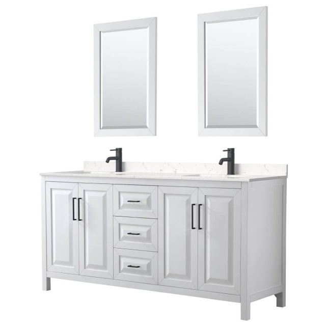 Wyndham Collection Daria 72 inch Double Bathroom Vanity in White with Light-Vein Carrara Cultured Marble Countertop, Undermount Square Sinks, Matte Black Trim and 24 Inch Mirrors WCV252572DWBC2UNSM24