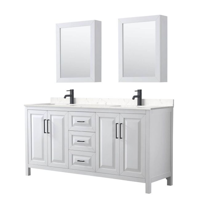 Wyndham Collection Daria 72 inch Double Bathroom Vanity in White with Light-Vein Carrara Cultured Marble Countertop, Undermount Square Sinks, Matte Black Trim and Medicine Cabinets WCV252572DWBC2UNSMED