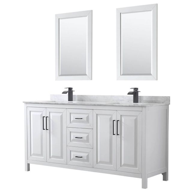 Wyndham Collection Daria 72 inch Double Bathroom Vanity in White with White Carrara Marble Countertop, Undermount Square Sinks, Matte Black Trim and 24 Inch Mirrors WCV252572DWBCMUNSM24
