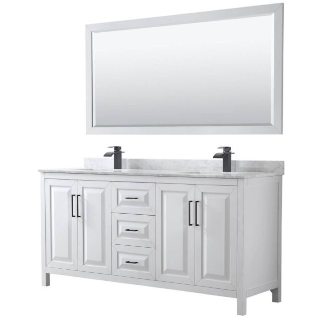 Wyndham Collection Daria 72 inch Double Bathroom Vanity in White with White Carrara Marble Countertop, Undermount Square Sinks, Matte Black Trim and 70 Inch Mirror WCV252572DWBCMUNSM70