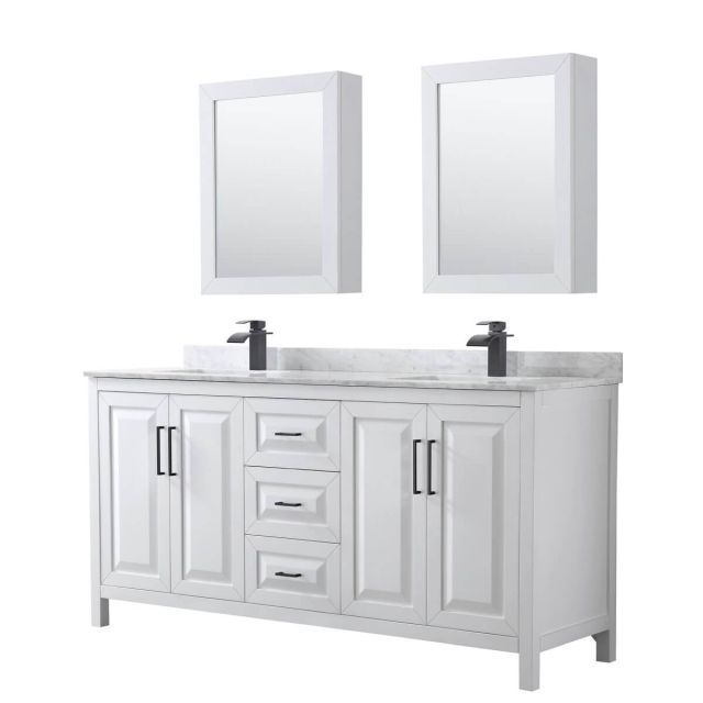Wyndham Collection Daria 72 inch Double Bathroom Vanity in White with White Carrara Marble Countertop, Undermount Square Sinks, Matte Black Trim and Medicine Cabinets WCV252572DWBCMUNSMED