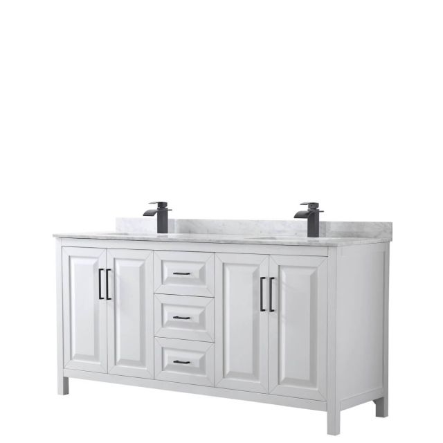Wyndham Collection Daria 72 inch Double Bathroom Vanity in White with White Carrara Marble Countertop, Undermount Square Sinks and Matte Black Trim WCV252572DWBCMUNSMXX