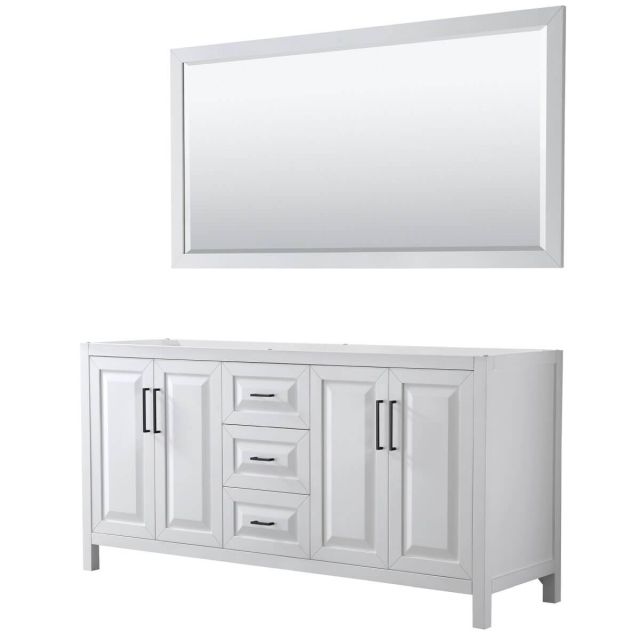 Wyndham Collection Daria 72 inch Double Bathroom Vanity in White with 70 Inch Mirror, Matte Black Trim, No Countertop and No Sink WCV252572DWBCXSXXM70