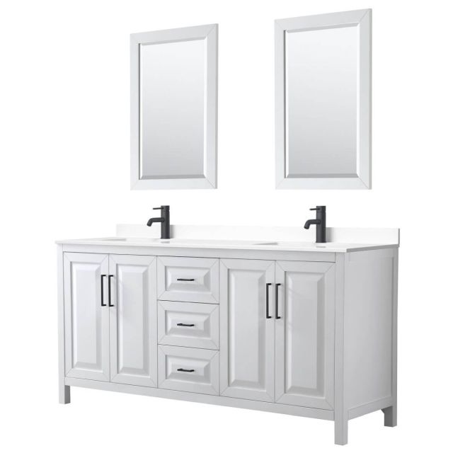 Wyndham Collection Daria 72 inch Double Bathroom Vanity in White with White Cultured Marble Countertop, Undermount Square Sinks, Matte Black Trim and 24 Inch Mirrors WCV252572DWBWCUNSM24