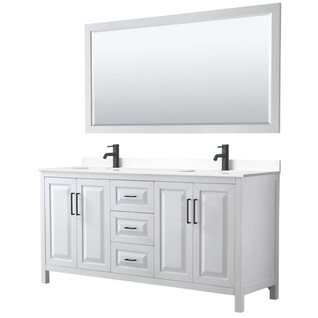 Wyndham Collection Daria 72 inch Double Bathroom Vanity in White with White Cultured Marble Countertop, Undermount Square Sinks, Matte Black Trim and 70 Inch Mirror WCV252572DWBWCUNSM70