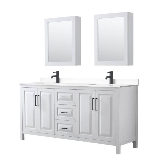 Wyndham Collection Daria 72 inch Double Bathroom Vanity in White with White Cultured Marble Countertop, Undermount Square Sinks, Matte Black Trim and Medicine Cabinets WCV252572DWBWCUNSMED