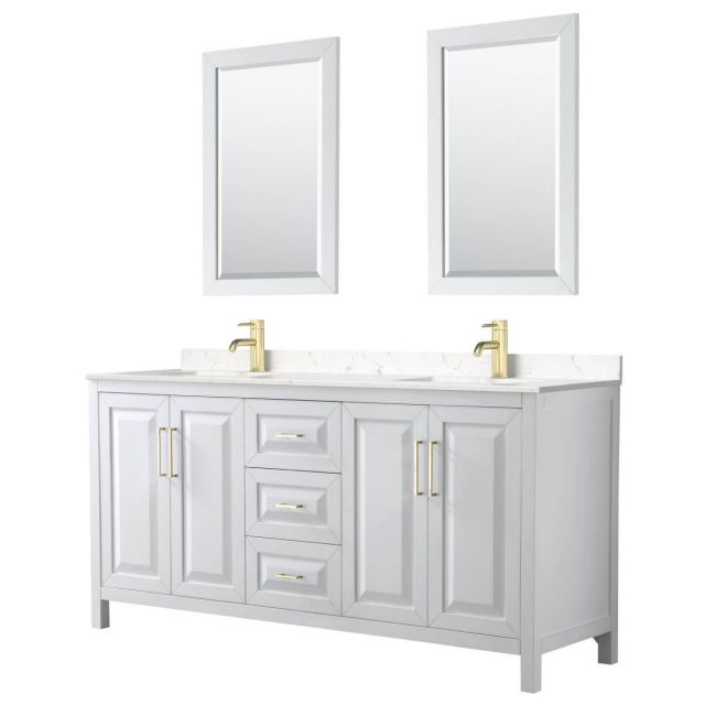 Wyndham Collection Daria 72 inch Double Bathroom Vanity in White with Light-Vein Carrara Cultured Marble Countertop, Undermount Square Sinks, 24 inch Mirrors and Brushed Gold Trim - WCV252572DWGC2UNSM24
