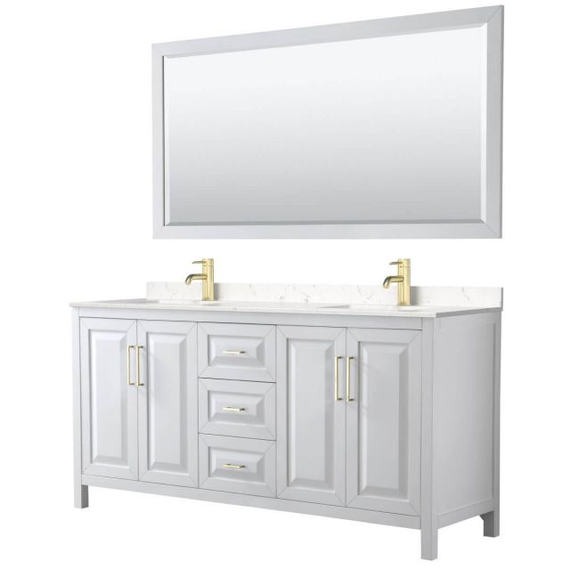 Wyndham Collection Daria 72 inch Double Bathroom Vanity in White with Light-Vein Carrara Cultured Marble Countertop, Undermount Square Sinks, 70 inch Mirror and Brushed Gold Trim - WCV252572DWGC2UNSM70