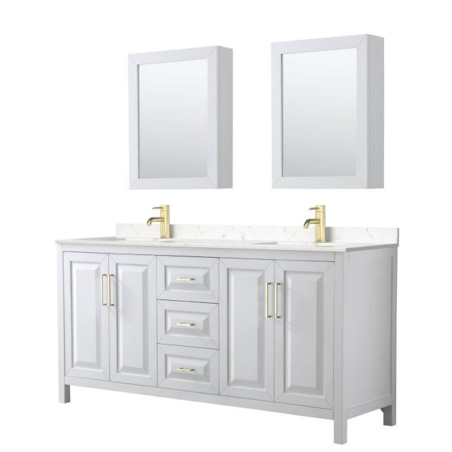 Wyndham Collection Daria 72 inch Double Bathroom Vanity in White with Light-Vein Carrara Cultured Marble Countertop, Undermount Square Sinks, Medicine Cabinets and Brushed Gold Trim - WCV252572DWGC2UNSMED