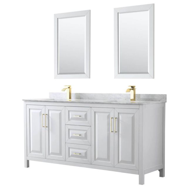 Wyndham Collection Daria 72 inch Double Bathroom Vanity in White with White Carrara Marble Countertop, Undermount Square Sinks, 24 inch Mirrors and Brushed Gold Trim - WCV252572DWGCMUNSM24