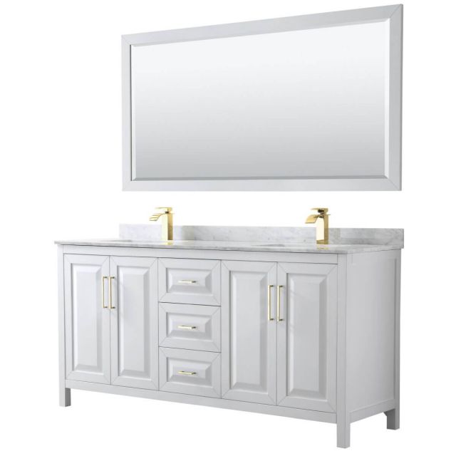 Wyndham Collection Daria 72 inch Double Bathroom Vanity in White with White Carrara Marble Countertop, Undermount Square Sinks, 70 inch Mirror and Brushed Gold Trim - WCV252572DWGCMUNSM70