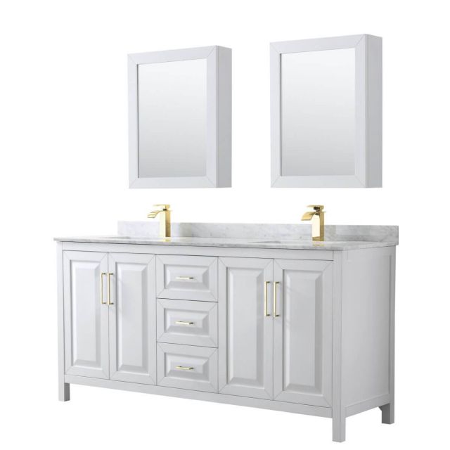 Wyndham Collection Daria 72 inch Double Bathroom Vanity in White with White Carrara Marble Countertop, Undermount Square Sinks, Medicine Cabinets and Brushed Gold Trim - WCV252572DWGCMUNSMED