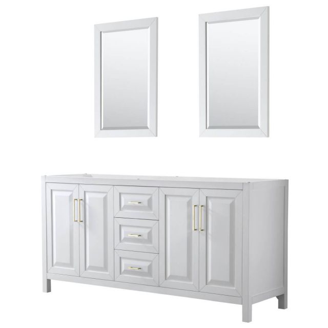 Wyndham Collection Daria 72 inch Double Bathroom Vanity in White with 24 inch Mirrors, Brushed Gold Trim, No Countertop and No Sink - WCV252572DWGCXSXXM24