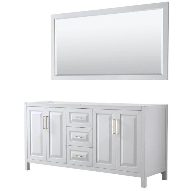 Wyndham Collection Daria 72 inch Double Bathroom Vanity in White with 70 inch Mirror, Brushed Gold Trim, No Countertop and No Sinks, - WCV252572DWGCXSXXM70