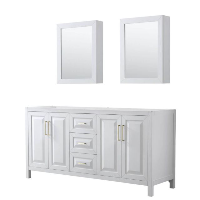 Wyndham Collection Daria 72 inch Double Bathroom Vanity in White with Medicine Cabinets, Brushed Gold Trim, No Countertop and No Sink - WCV252572DWGCXSXXMED