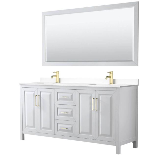 Wyndham Collection Daria 72 inch Double Bathroom Vanity in White with White Cultured Marble Countertop, Undermount Square Sinks, 70 inch Mirror and Brushed Gold Trim - WCV252572DWGWCUNSM70