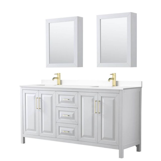 Wyndham Collection Daria 72 inch Double Bathroom Vanity in White with White Cultured Marble Countertop, Undermount Square Sinks, Medicine Cabinets and Brushed Gold Trim - WCV252572DWGWCUNSMED