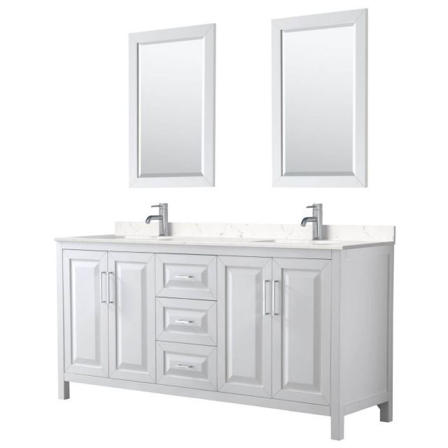 Wyndham Collection Daria 72 inch Double Bathroom Vanity in White with Light-Vein Carrara Cultured Marble Countertop, Undermount Square Sinks and 24 inch Mirrors - WCV252572DWHC2UNSM24