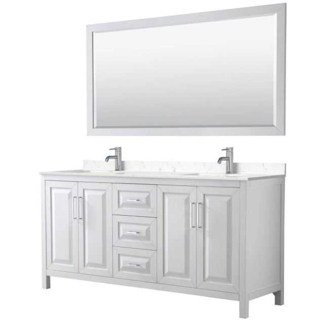 Wyndham Collection Daria 72 inch Double Bathroom Vanity in White with Light-Vein Carrara Cultured Marble Countertop, Undermount Square Sinks and 70 inch Mirror - WCV252572DWHC2UNSM70