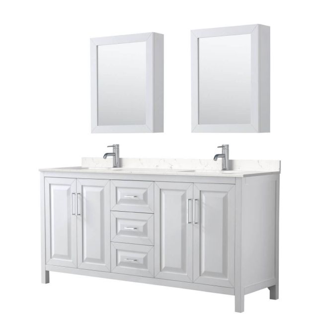 Wyndham Collection Daria 72 inch Double Bathroom Vanity in White with Light-Vein Carrara Cultured Marble Countertop, Undermount Square Sinks and Medicine Cabinets - WCV252572DWHC2UNSMED